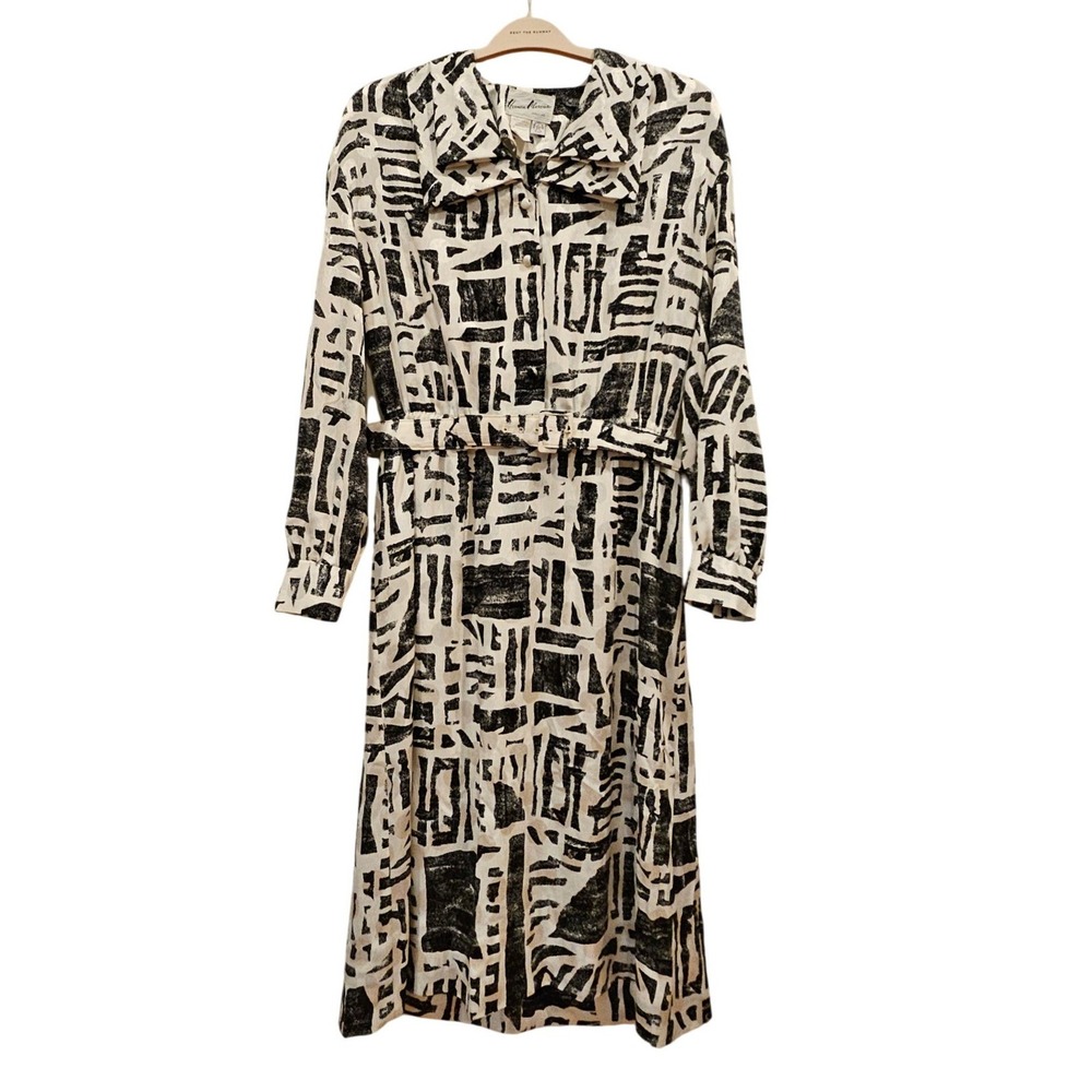 Vintage Herman Marcus Dallas Black Cream Abstract‎ Geometric Midi Belted Dress